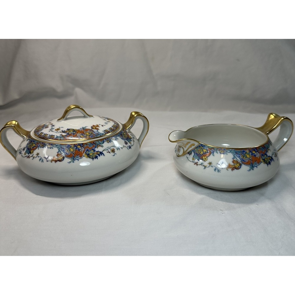 Antique LIMOGES FRANCE Porcelain Sugar Bowl & Creamer Set Paisley Gold Gilt MINT